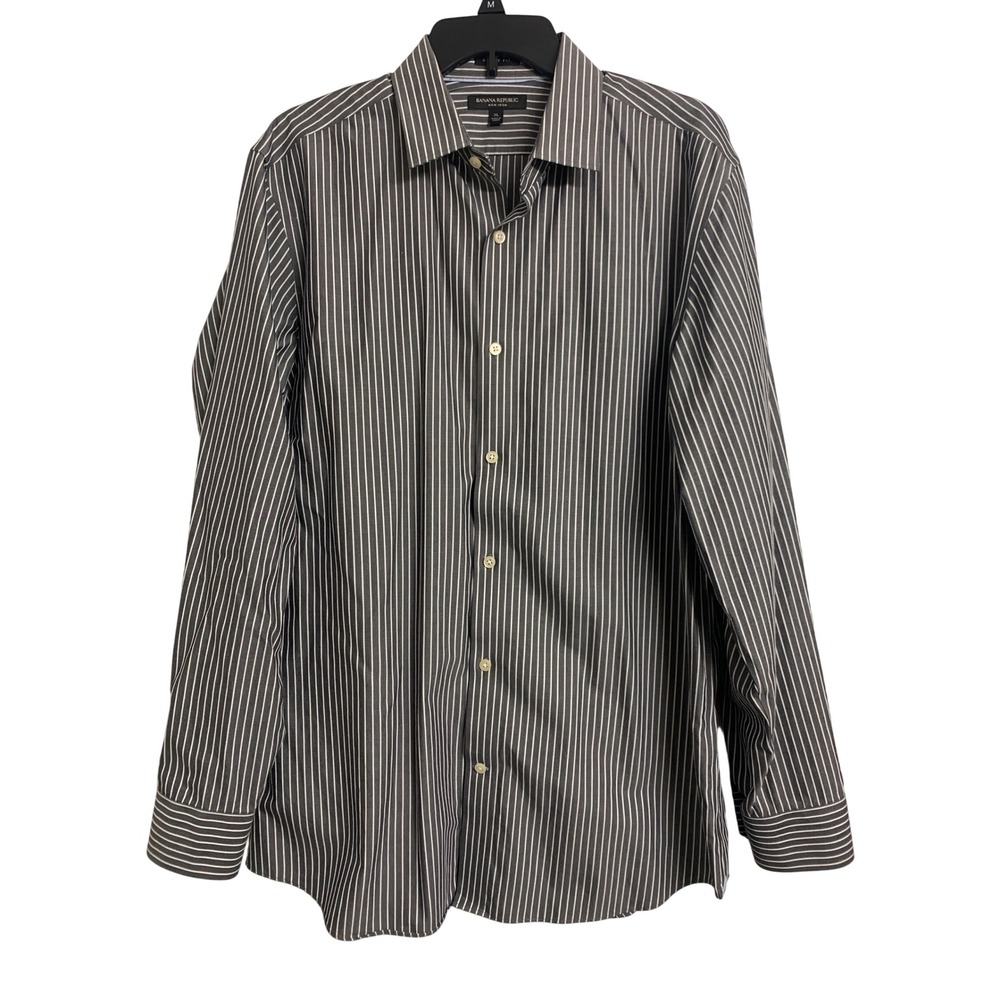 Banana Republic Grant Fit Non-Iron Shirt XL Grey White Striped Long Sleeve